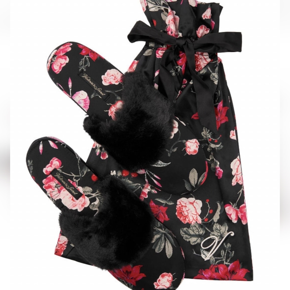 Victoria Secrets Floral Black & Pink With Faux Fur Women's Slippers Size M 7-8 - Picture 3 of 9